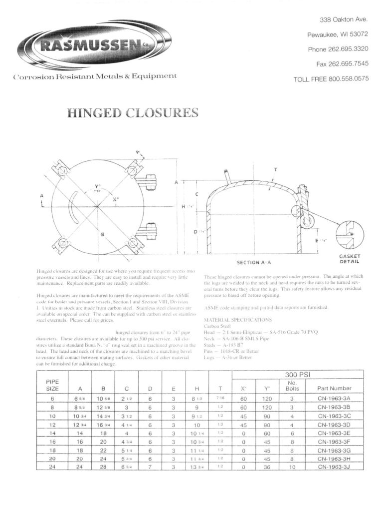 Manway Assemblies / Hinged Closures - Rasmussen Company